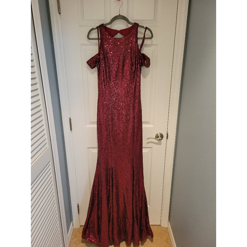 Mori Lee Ruby Red Burgundy Sequin Cold Shoulder M… - image 2